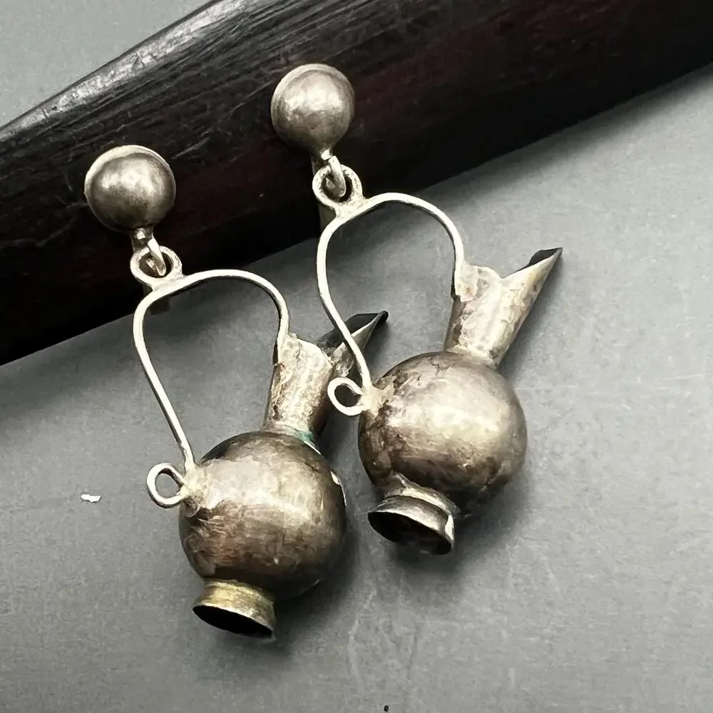 Vintage Mexican Mexico Sterling Silver Pitcher Dangle Screw- back Earrings